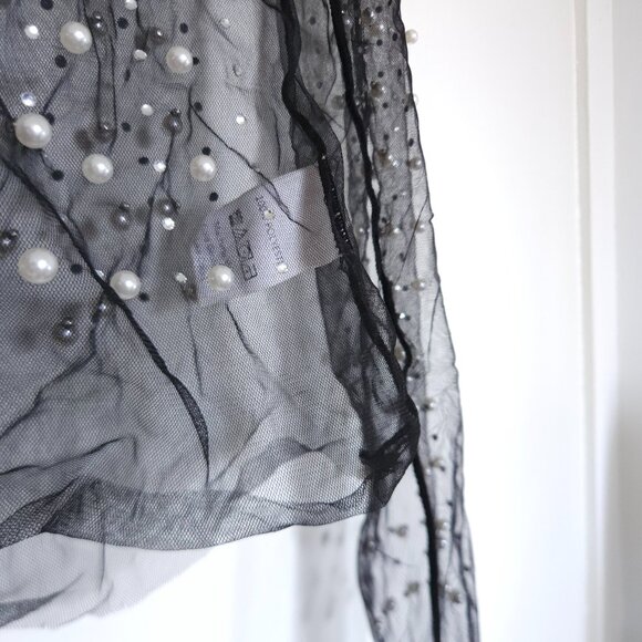 Women's Pearl Rhinestone See Through Long Sleeve Mesh Blouse Black - Picture 4 of 8